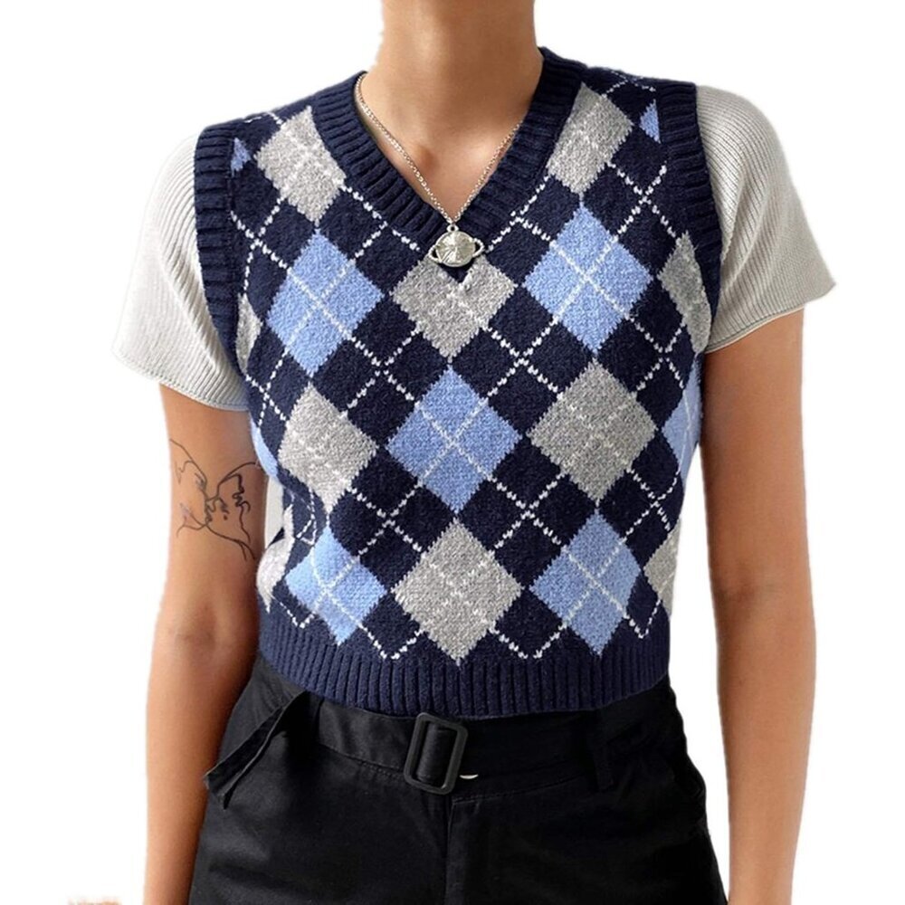 Women's Sweater Vest Knit Crop Top Preppy V-Neck Sleeveless Casual